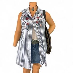 Terre Bleue Striped Embroidered Shirt Dress 2XL | Blue White Floral